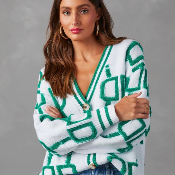 🆕 VICI -LAP OF LUXURY CARDIGAN ~ Green & White - Size Medium/ Large - Picture 4 of 9